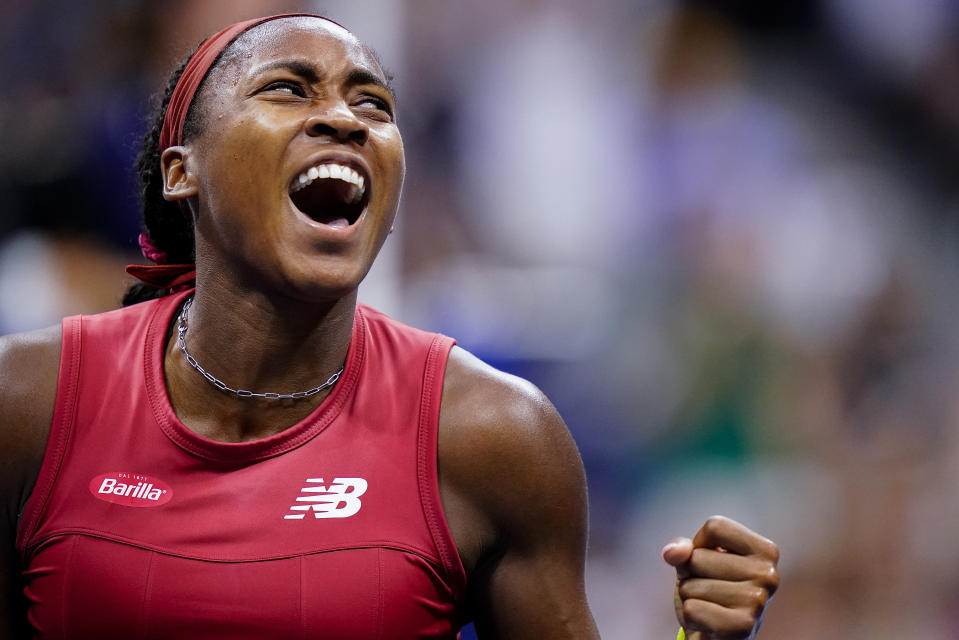 Coco Gauff, of the United States, reacts after a point against Aryna Sabalenka, of Belarus, during the women's singles final of the U.S. Open tennis championships, Saturday, Sept. 9, 2023, in New York. (AP Photo/Frank Franklin II)