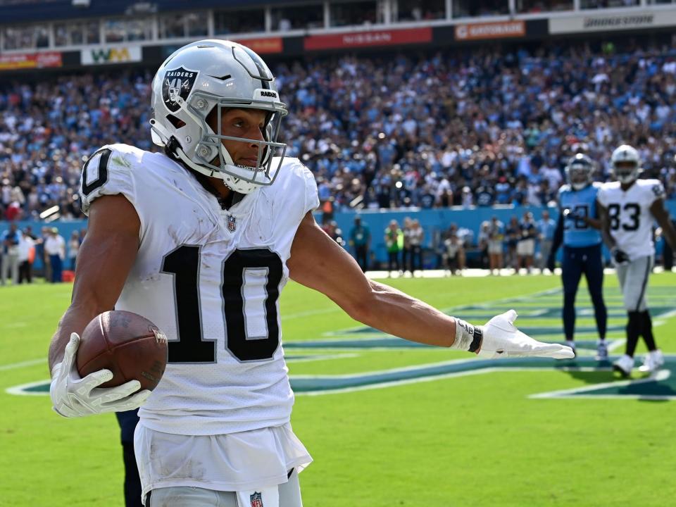 Mack Hollins shrugs after scoring a touchdown against the Tennessee Titans.