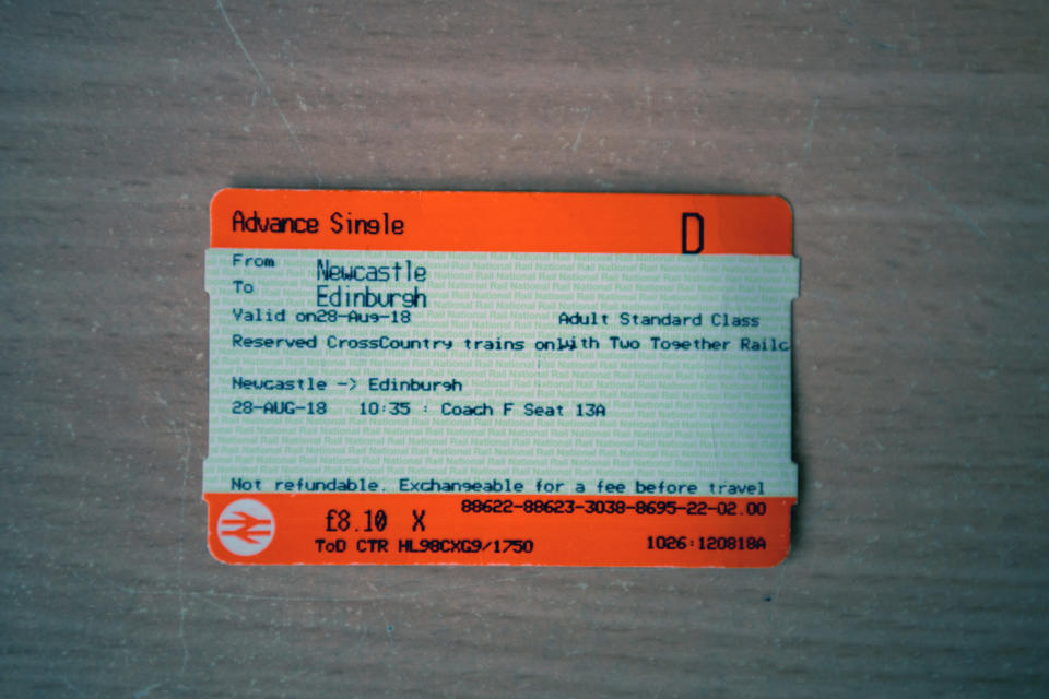 An advance single train ticket form Newcastle to Edinburgh.