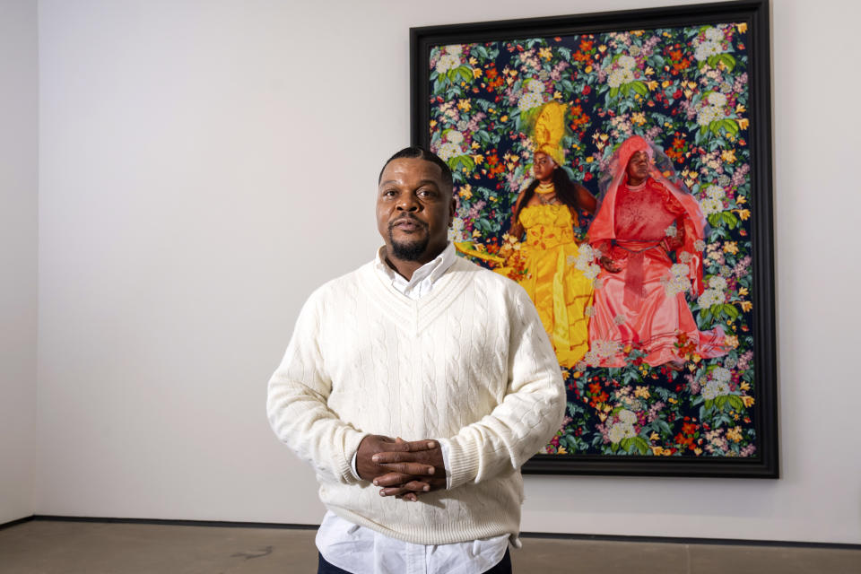 Kehinde Wiley poses for a portrait at Sean Kelly Gallery, Thursday, April 27, 2023, in New York. (Photo by Charles Sykes/Invision/AP)