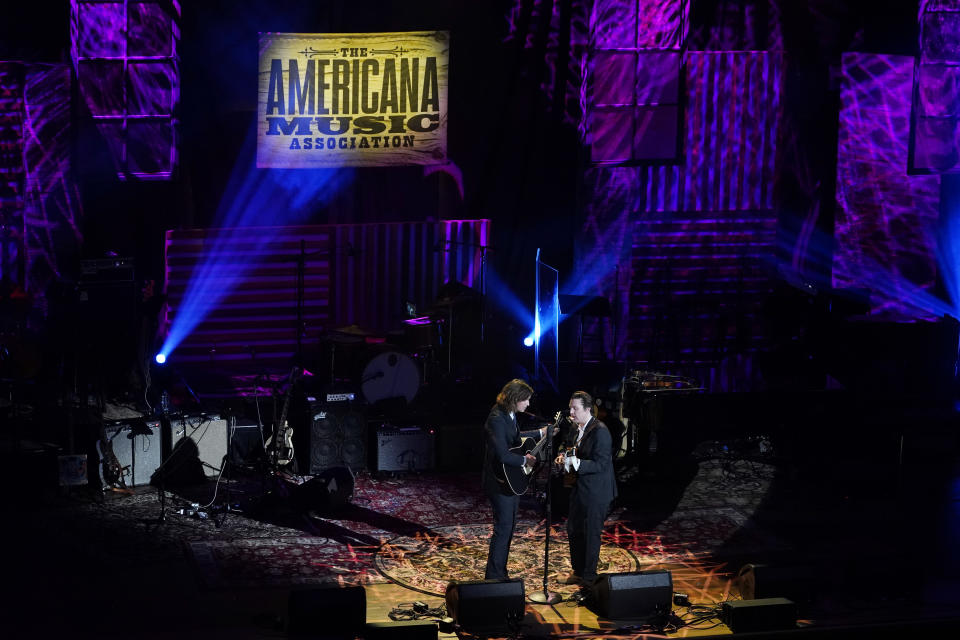 The Milk Carton Kids perform at the Americana Honors & Awards show Wednesday, Sept. 14, 2022, in Nashville, Tenn. (AP Photo/Mark Humphrey)