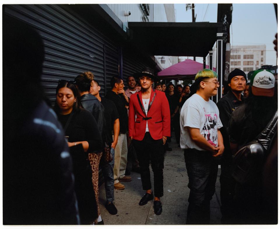 Robert Aubert wears Sinners Saints hat, jacket, Sinners Saints pants, Christian Louboutin shoes, Nouvintage sunglasses.