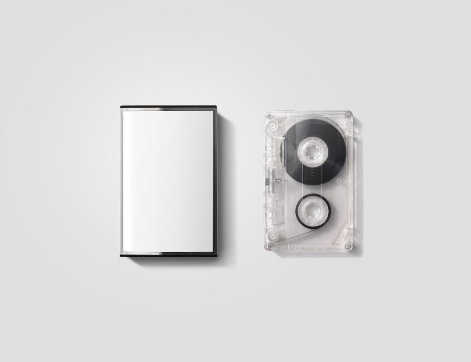 Blank cassette tape box design mockup, isolated, clipping path. Vintage cassete tape case with retro casset mock up. Plastic analog magnetic tape casete clear packaging template. Mixtape box cover.