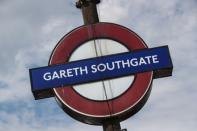 Southgate Underground Station roundel, temporarily renamed as 'Gareth Southgate' in honour of England soccer team manager Gareth Southgate, is seen in London, Britain July 16, 2018. REUTERS/Hannah McKay