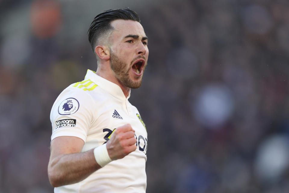 Leeds United's Jack Harrison celebrates after scoring his side's third goal during the English Premier League soccer match between West Ham and Leeds United in London, Sunday, Jan. 16, 2022. (AP Photo/Ian Walton)