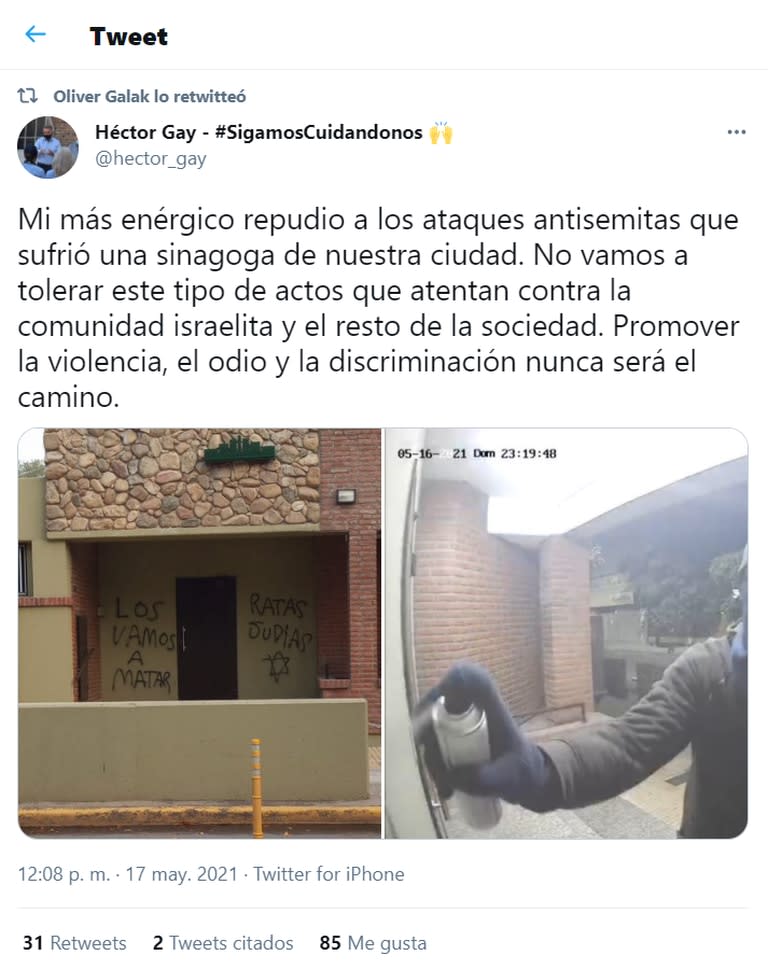 El mensaje de repudio del intendente de Bahía Blanca a las pintadas sobre la fachada de la Asociación Israelita de Bahía Blanca.