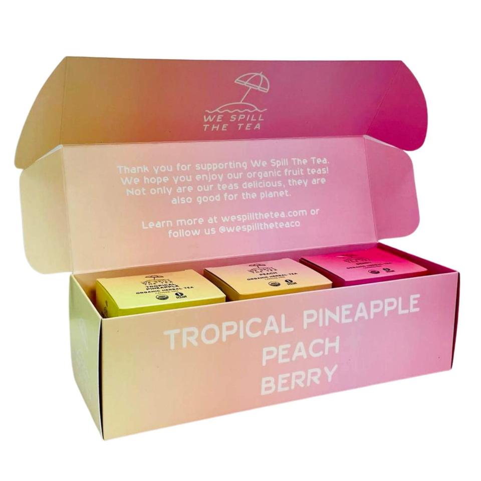 <p>Get the tea-lover in your life this fun and colorful, <span>We Spill The Tea Organic Tea Sampler Set </span> ($37 for three boxes). It can be brewed hot or cold and comes in three flavors tropical pineapple, peach, and berry.</p>