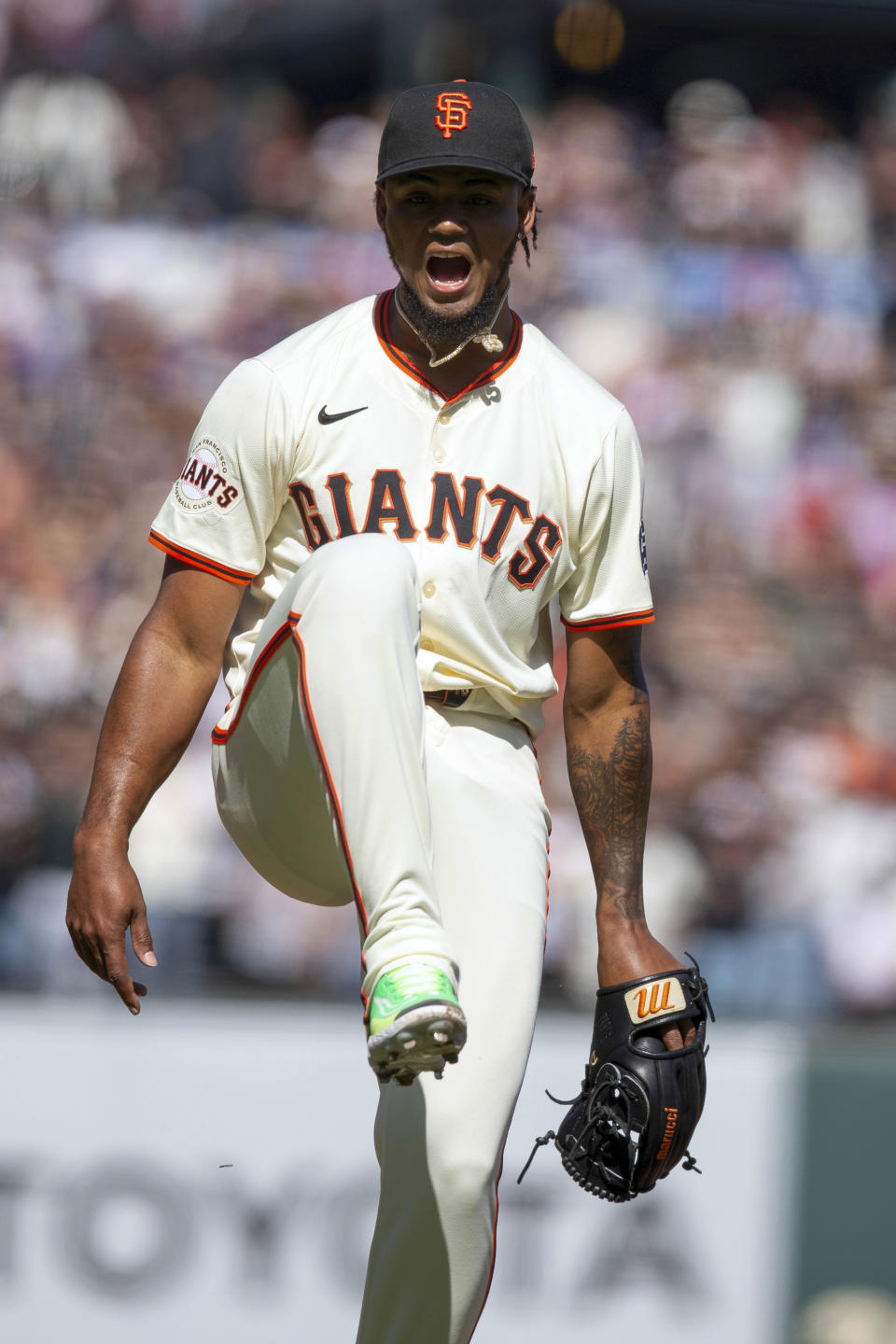 San Francisco Giants pitcher Camilo Doval reacts to getting the final out against the San Diego Padres during the ninth inning of a baseball game, Sunday, April 7, 2024, in San Francisco. (AP Photo/D. Ross Cameron)