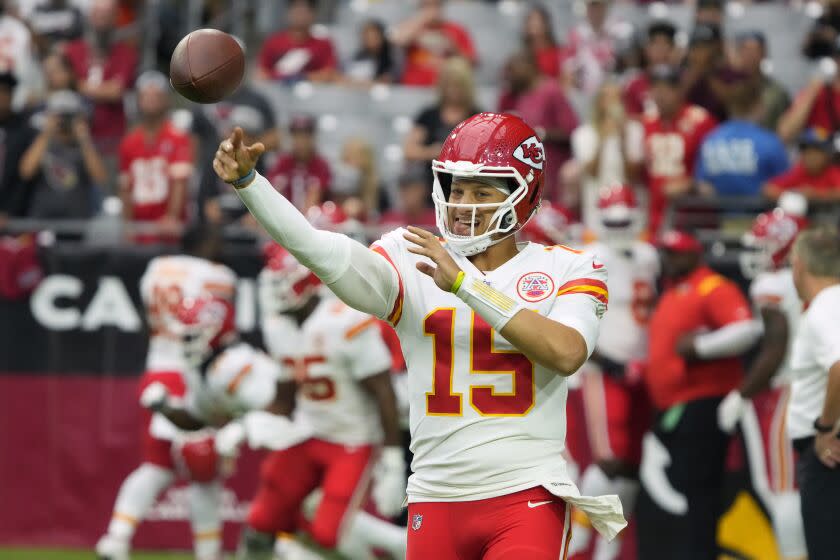 Kansas City Chiefs quarterback Patrick Mahomes (15) warms up before an NFL football game against the Arizona Cardinals, Sunday, Sept. 11, 2022, in Glendale, Ariz. (AP Photo/Rick Scuteri)