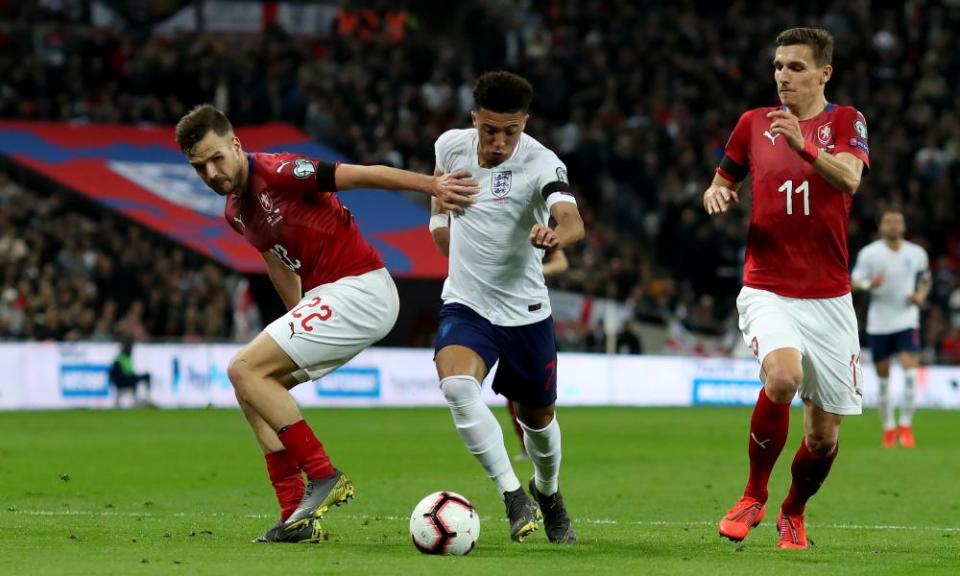 Jadon Sancho breaks through the Czech Republic defence.