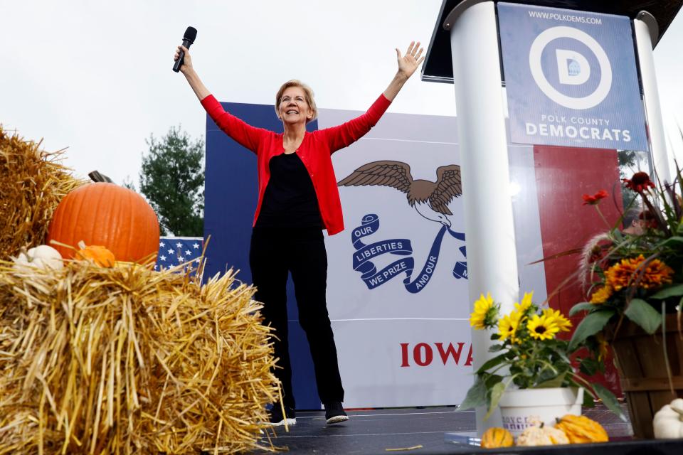 Elizabeth Warren at the Polk County Democrats Steak Fry on Sept. 21, 2019, in Des Moines, Iowa.