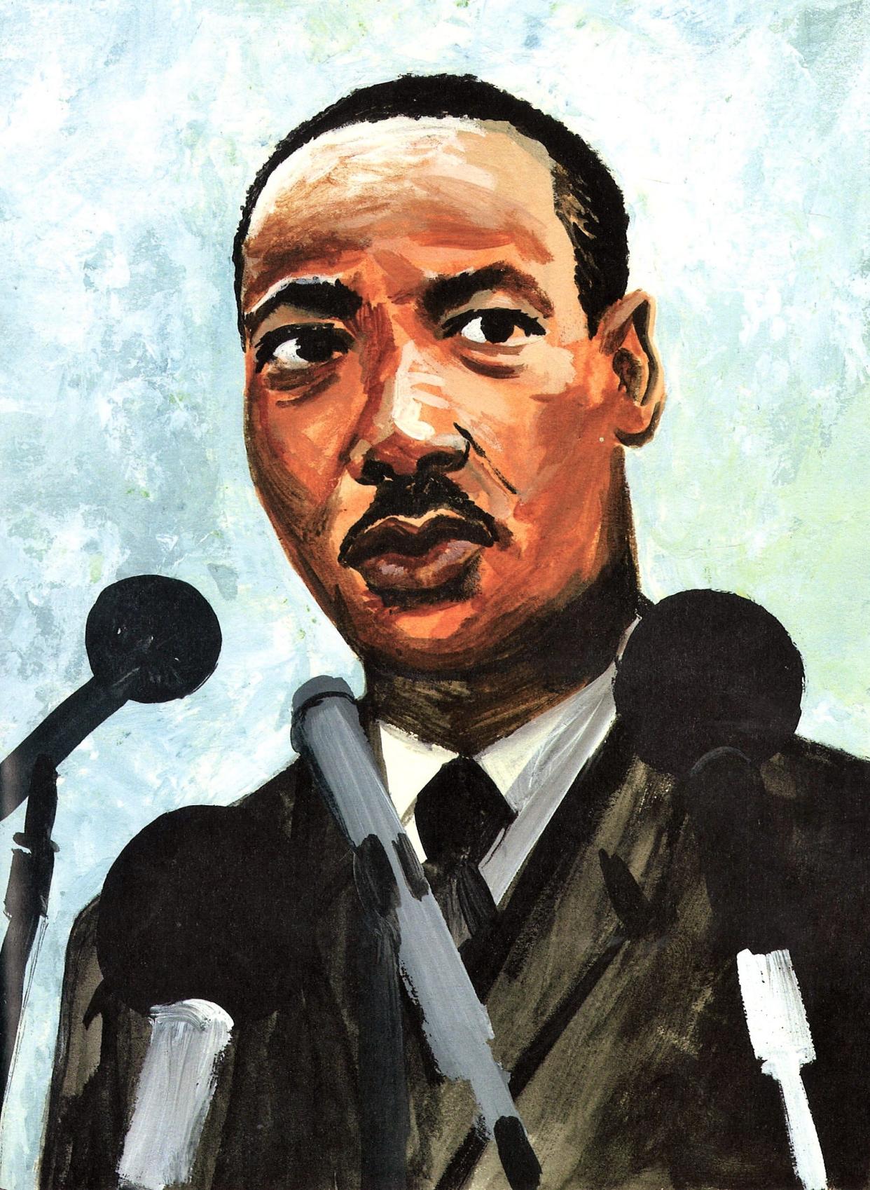 The Rev. Martin Luther King Jr., as illustrated by Greg Christie in "Memphis, Martin, and the Mountaintop," a book by Alice Faye Duncan.