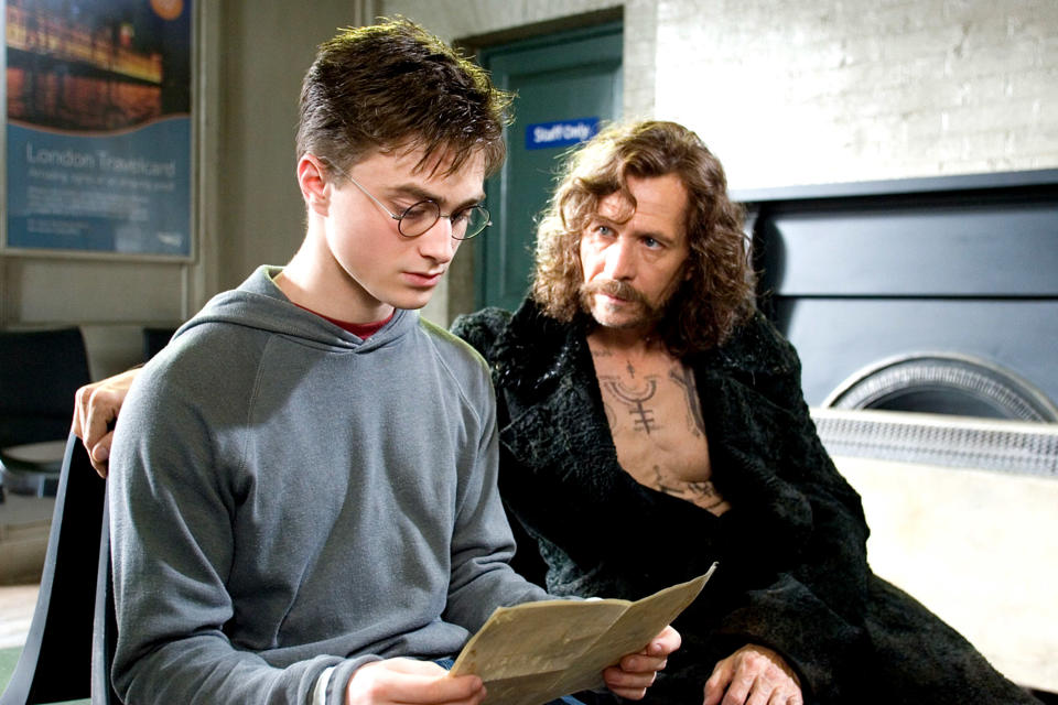 Harry Potter and Sirius Black looking at a picture of the Order of the Phoenix