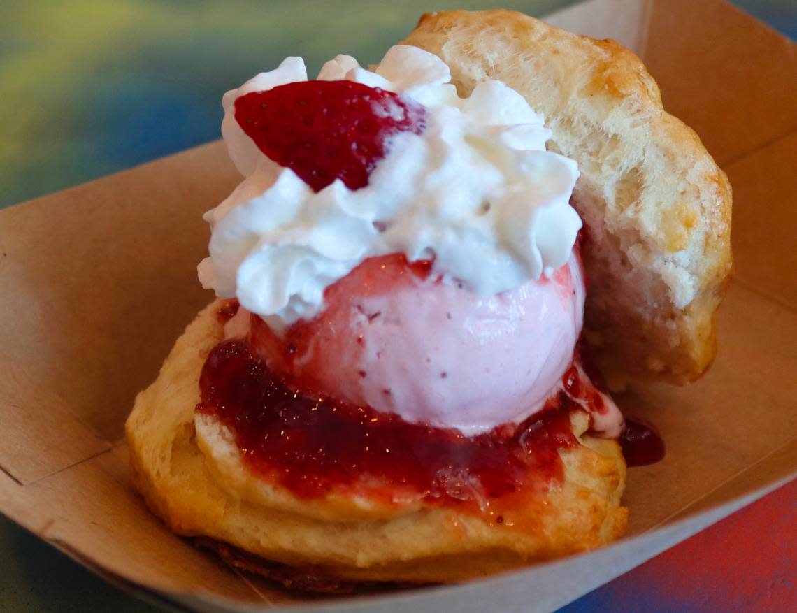 The strawberry shortcake Benedict, with Crank & Boom’s fresh strawberry ice cream on a DV8 Kitchen biscuit with whipped cream will be on the menu for the takeover on Friday.