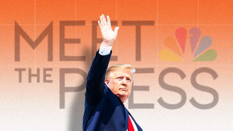 Donald Trump waving in front of a superimposed logo of Meet the Press.