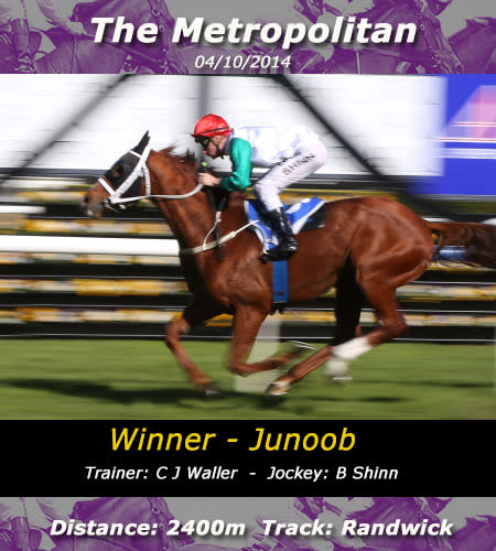 Junoob's consistant racing form was rewarded when defeating the gallant Opinion and Araldo in the Metropolitan. Junoob who tested positive to the diuretic Frusemide was disqualified promoting the 2nd placed horse Opinion as the winner.