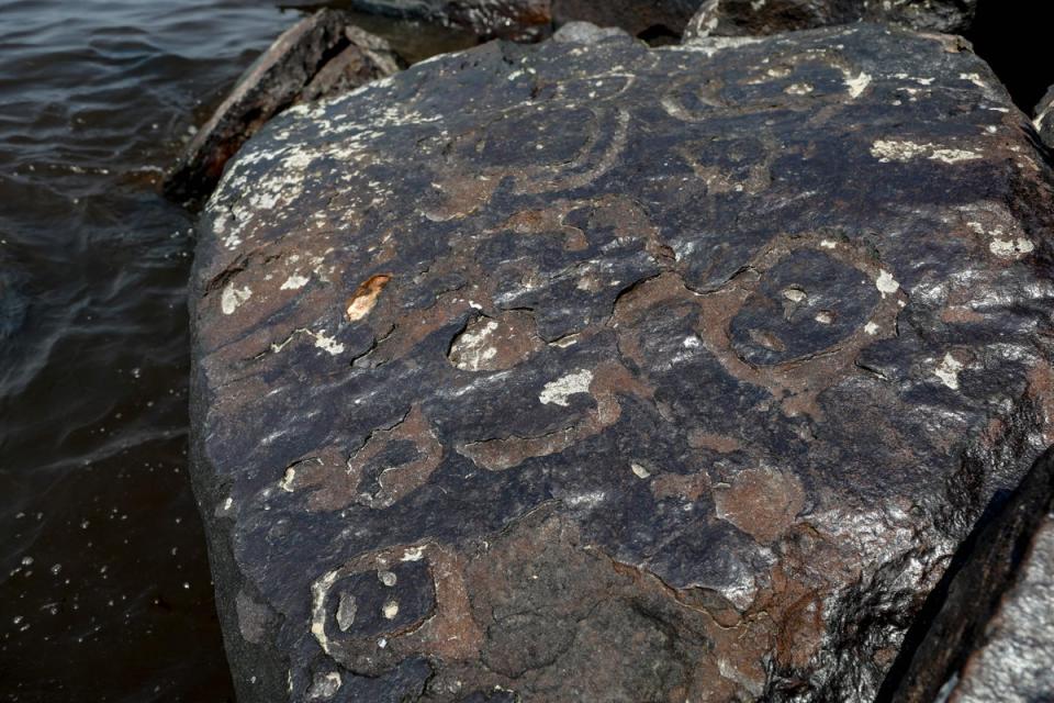 Ancient rock carvings that reappeared in the region of the Lajes Archaeological Site due to the severe drought affecting the region’s rivers are pictured on the banks of the Negro River in Manaus, Amazonas State, northern Brazil (AFP via Getty Images)