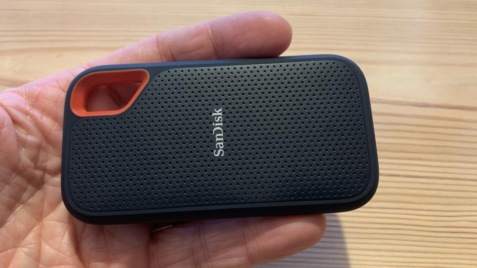 Sandisk Extreme Portable SSD V2 held in a hand