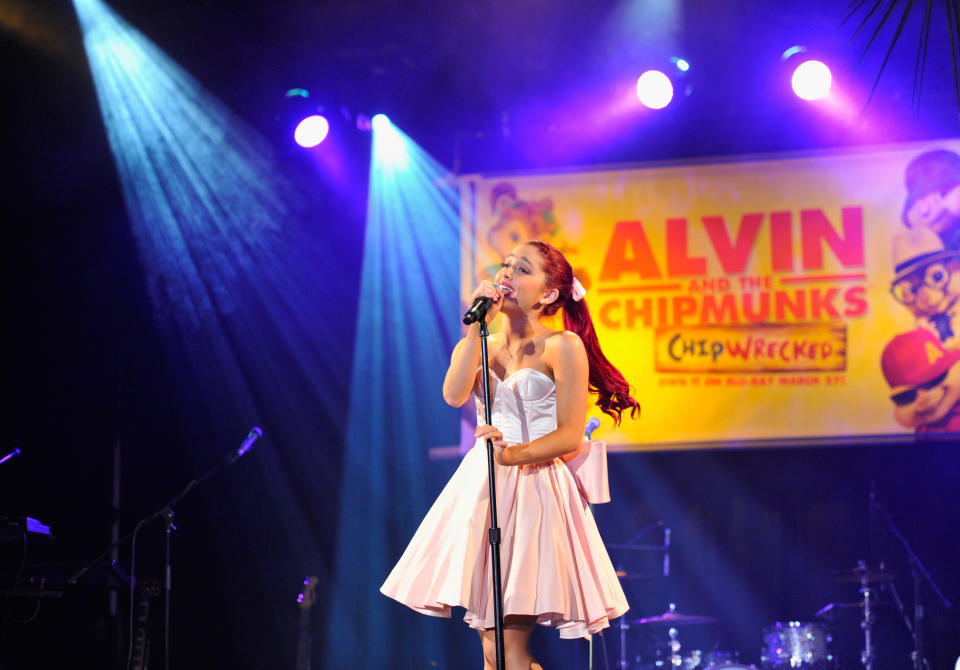 LOS ANGELES, CA - MARCH 26:  Actress/singer Ariana Grande performs Twentieth Century Fox Home Entertainment's 'Alvin and the Chipmunks: Chipwrecked' Blu-ray and DVD release party at El Rey Theatre on March 26, 2012 in Los Angeles, California.  (Photo by Alberto E. Rodriguez/Getty Images)