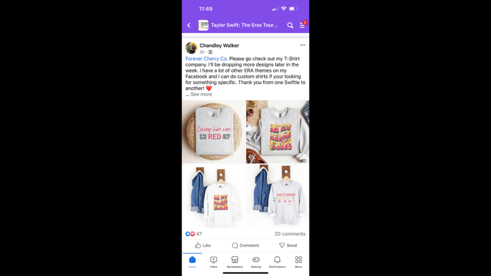 Screengrab of Forever Cherry Co. owner Chandley Walker writing in a Facebook post that more Taylor Swift Chiefs-themed designs are coming.