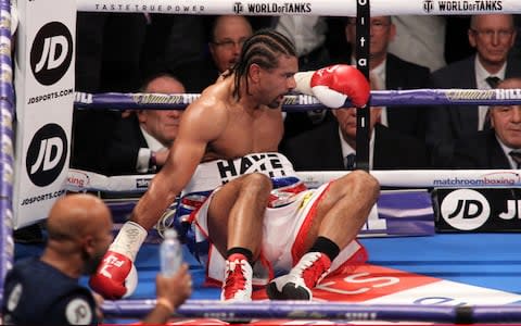 David Haye hits the canvas for the second time during his fight - Credit: Getty