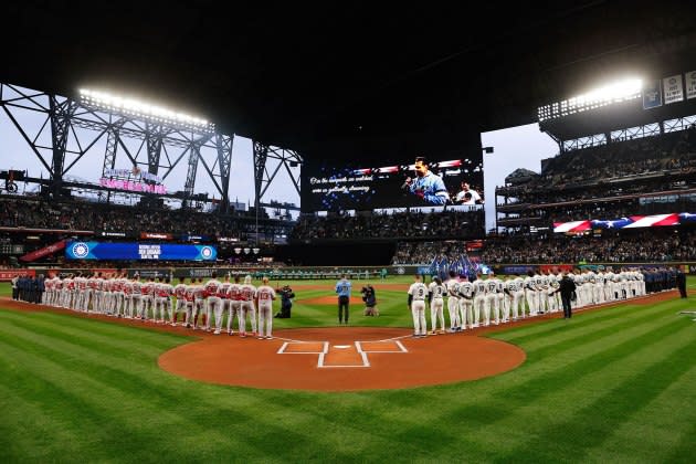 Ben Gibbard performs the national anthem prior to the game between the Boston Red Sox and the Seattle Mariners - Credit: Joe Nicholson/MLB Photos/Getty Images