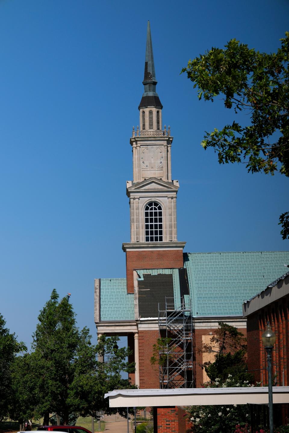 Work to repair tornado damage continues at the iconic Raley Chapel building on the Oklahoma Baptist University campus.