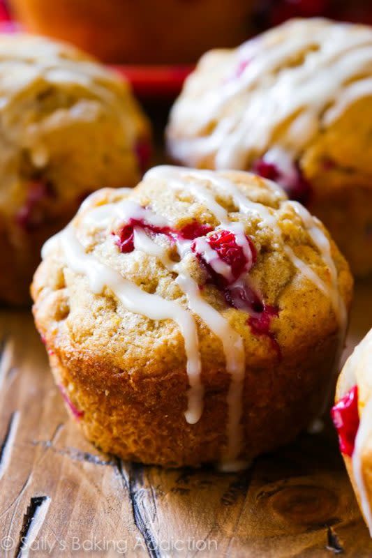 <p>Buttery and moist, these cranberry orange muffins are heavy on the flavor and bursting with cranberries in each bite.</p><p><strong>Get the recipe: <a href="https://sallysbakingaddiction.com/cranberry-orange-muffins/" rel="nofollow noopener" target="_blank" data-ylk="slk:Cranberry Orange Muffins;elm:context_link;itc:0;sec:content-canvas" class="link rapid-noclick-resp"><em>Cranberry Orange Muffins</em></a></strong></p>