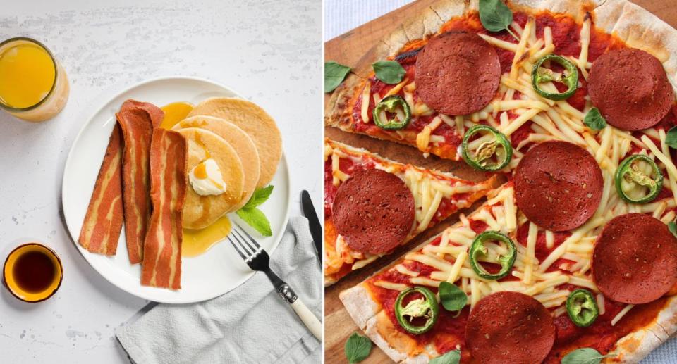 Faux bacon with pancakes; faux pepperoni on pizza, both available at Coles