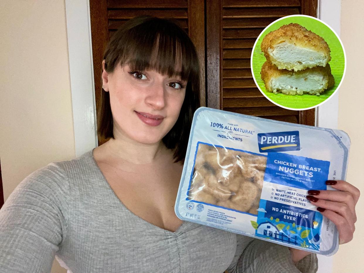 Victoria holding up a package of Perdue frozen chicken breast nuggets and a closeup of a cooked nugget cut in half showing the meat.