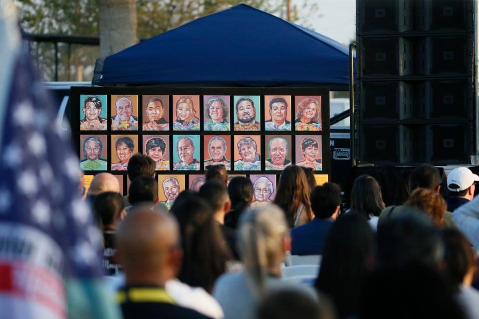 A dedication ceremony takes place Aug. 3, 2021, at the Healing Garden at Ascarate Park in honor of the Walmart mass shooting victims.