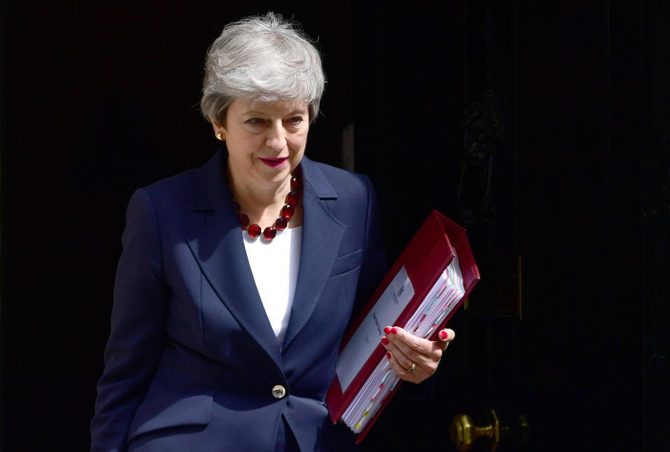 LONDON, ENGLAND - JULY 17: Prime Minister, Theresa May leaves number 10 for PMQs at Downing Street on July 17, 2019 in London, England. Today will be the Prime Minister's penultimate PMQs and the start of her final week at Number 10. (Photo by Chris J Ratcliffe/Getty Images)