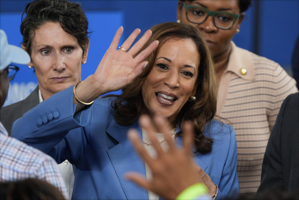 Democratic presidential nominee Vice President Kamala Harris greets supporters at a campaign event at Hendrick Center for Automotive Excellence on the Scott Northern Wake Campus of Wake Tech Community College in Raleigh, N.C., Friday, Aug. 16, 2024. (AP Photo/Mike Stewart)