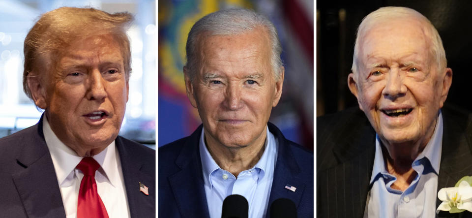 This combination of photos shows former President Donald Trump in New York, April 23, 2024, from left, President Joe Biden in Scranton, Pa., April 16, 2024, and former President Jimmy Carter, July 10, 2021, in Plains, Ga. Trump is running against Biden, but Trump, the presumptive Republican nominee, keeps bringing up Carter. Trump likes to cite the 99-year-old former president as a measuring stick to belittle Biden. (AP Photo)