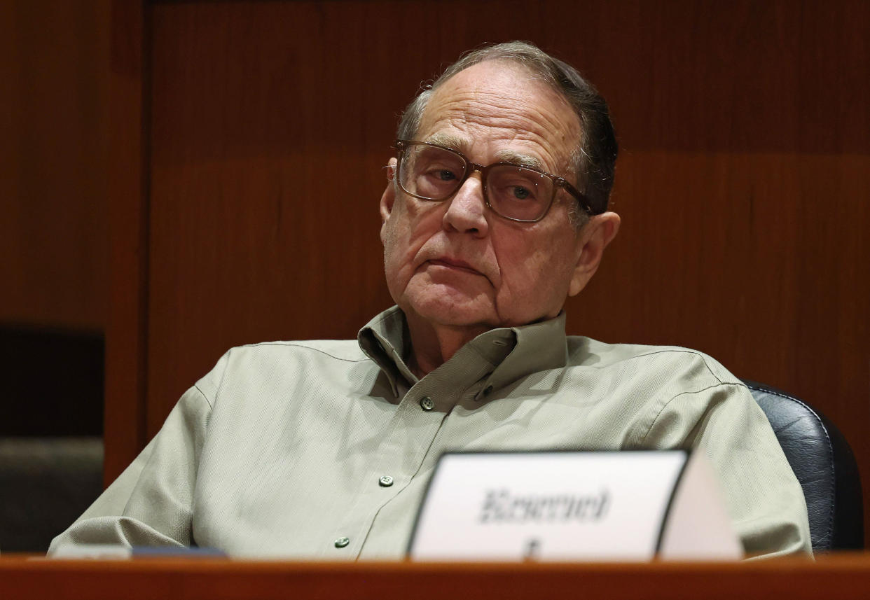 Chicago White Sox Chairman Jerry Reinsdorf listens as Chris Getz speaks at a news conference to announce his promotion to senior vice president and general manager on Aug. 31, 2023, at Guaranteed Rate Field in Chicago. (John J. Kim/Chicago Tribune/Tribune News Service via Getty Images)