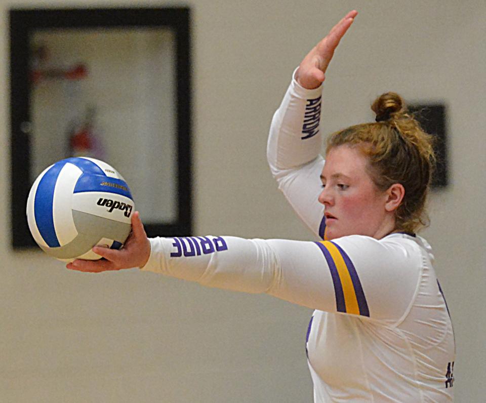 Watertown's Paige McAreavey prepares to serve the ball during a high school volleyball match against O'Gorman on Tuesday, Sept. 12, 2023 in Watertown.