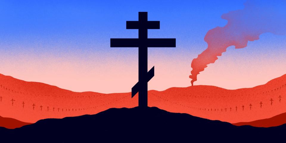An illustration of a Russian Orthodox cross stands silhouetted on a hill, with red land in the background and smoke billowing into a blue sky.