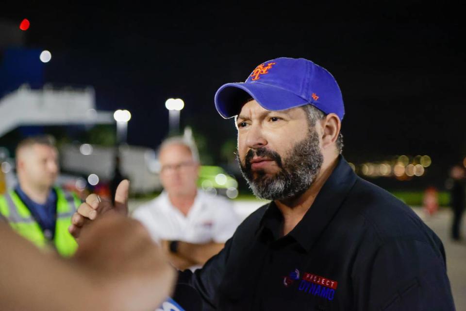 Project Dynamo CEO Bryan Stern talks to the press after bringing 270 evacuees from Israel including 91 children and four dogs to Tampa International Airport on Sunday, Oct. 15, 2023.