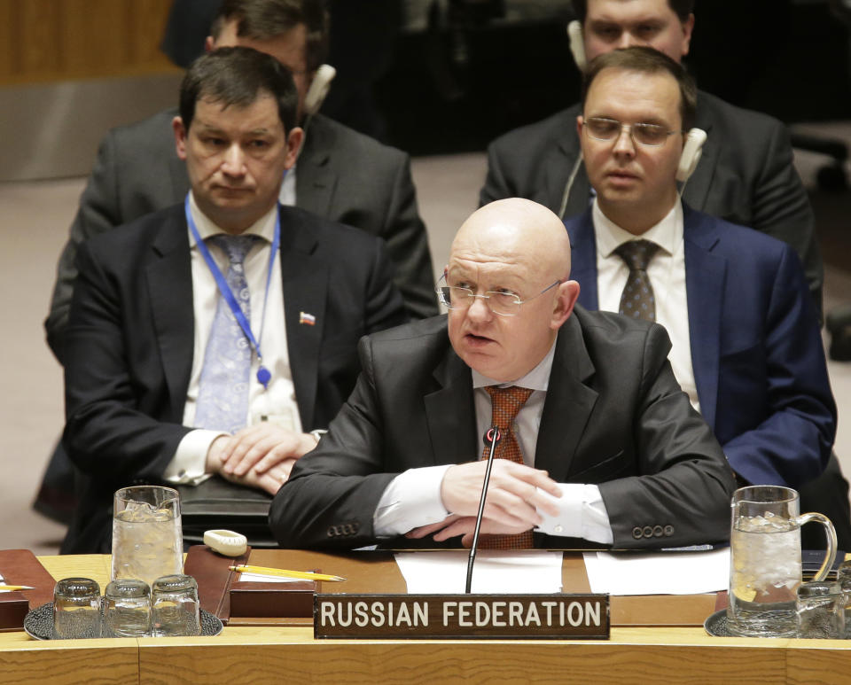 Russian ambassador to the United Nations Vasily Nebenzya speaks during a Security Council meeting at U.N. headquarters, Thursday, Feb. 28, 2019. (AP Photo/Seth Wenig)