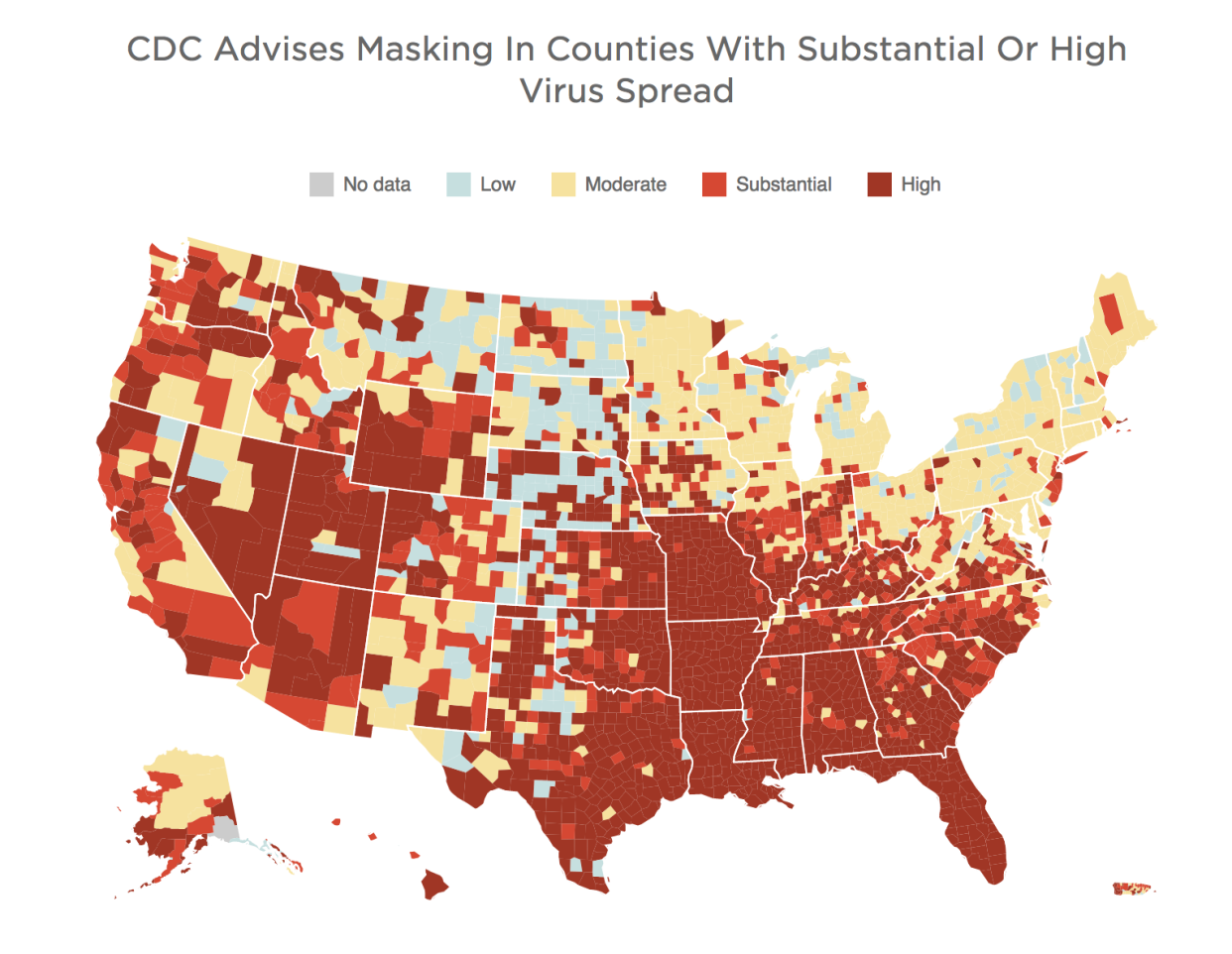 The CDC Covid hotspot map shows where vaccinated people should wear masks indoors (CDC)
