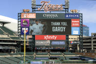 A Comerica Park videoboard displays a thank you message to Detroit Tigers manager Ron Gardenhire, who announced his retirement prior to a baseball game against the Cleveland Indians, Saturday, Sept. 19, 2020, in Detroit. (AP Photo/Jose Juarez)