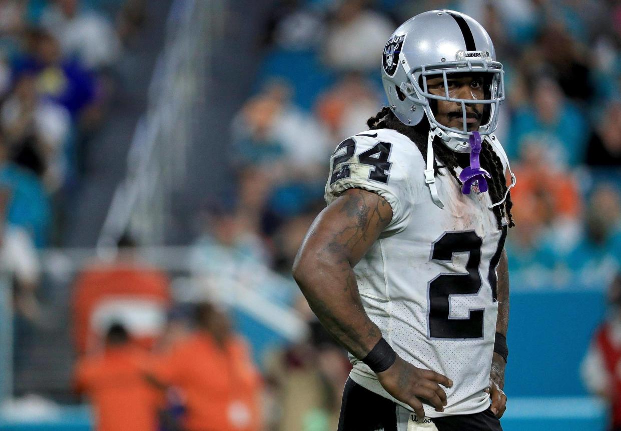 Marshawn Lynch of the Oakland Raiders looks on during a game against the Miami Dolphins at Hard Rock Stadium: Mike Ehrmann/Getty Images