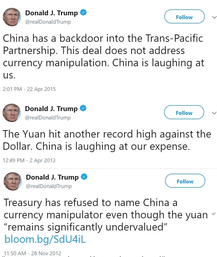 美國總統川普對於中國操縱貨幣始終耿耿於懷。瑞士專家指出，等美中貿易戰告一段落，華府可能會祭出貨幣戰。   圖：擷取自川普歷年來Twitter