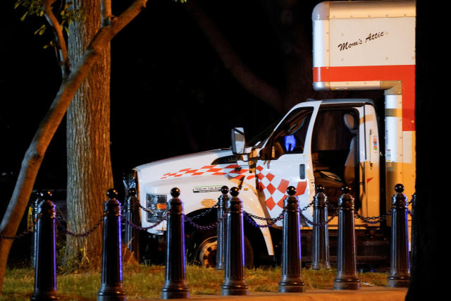 A view of a truck that crashed into security barriers at Lafayette Park across from the White House on Monday night. (Nathan Howard/Reuters)