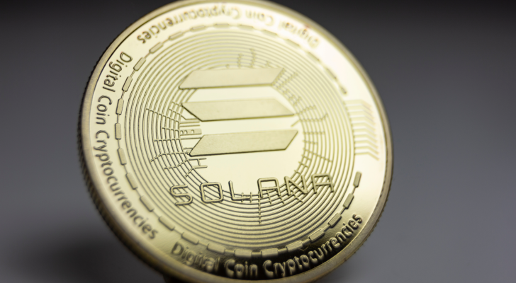 Macro shot of a physical coin from the cryptocurrency Solana (SOL-USD)