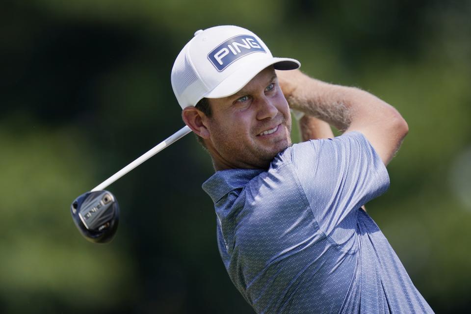 Harris English tees off on the first hole during the final round of the Travelers Championship golf tournament at TPC River Highlands, Sunday, June 26, 2022, in Cromwell, Conn. (AP Photo/Seth Wenig)