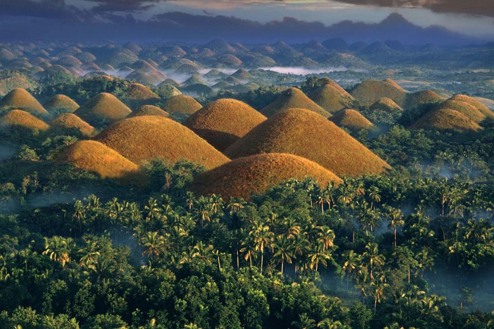 <p>A morning fog covers the land near the Chocolate Hills in the Bohol province of the Philippines // Date unknown</p>