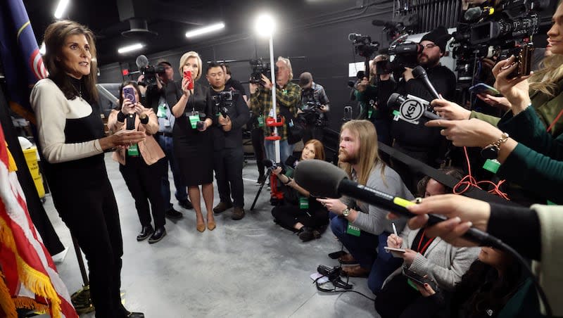 Republican presidential candidate Nikki Haley speaks to members of the media before a rally at the Noorda Center for the Performing Arts at Utah Valley University in Orem on Wednesday, Feb. 28, 2024.