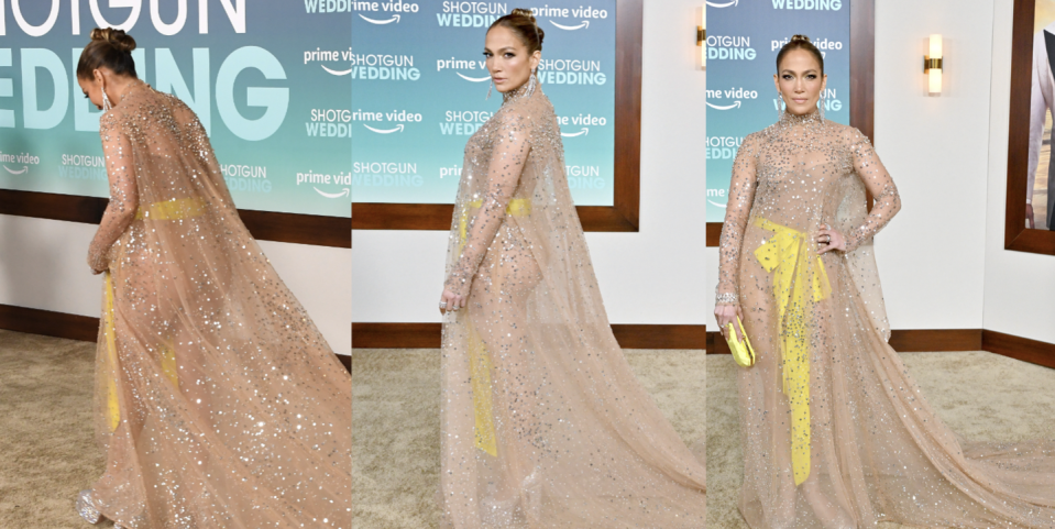 J Lo Stunned In A Fully Naked Dress With A Giant Bow At The Shotgun Wedding Premiere