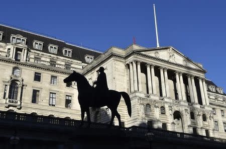 The Bank of England is seen, with a statue in the foreground, in the City of London December 16, 2014. REUTERS/Toby Melville